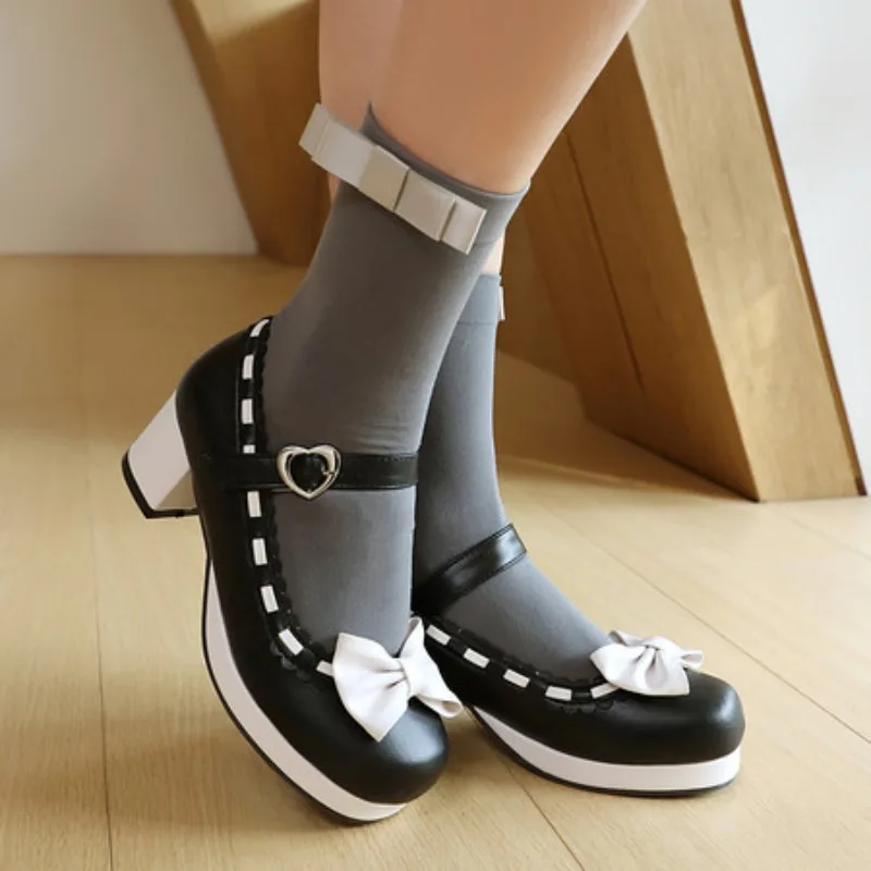 

Size 34-48 Woman Med Heel Lolita Shoes Patent Leather Cute Bow Mary Jane Pumps Bride Wedding Cosplay Party Red Pink Black Green