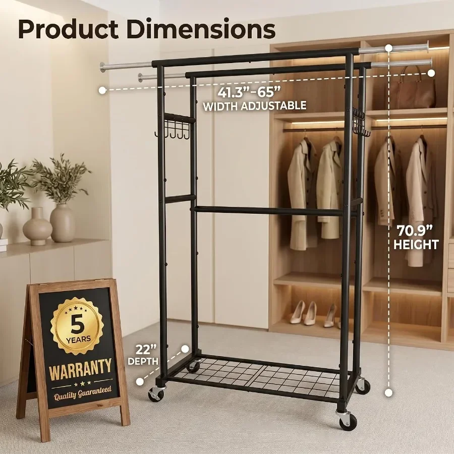Clothing Rack, Rolling Clothes Rack for Hanging Clothes, Heavy Duty Garment Rack, Load 650 LBS, Extendable, Wardrobe Rack with