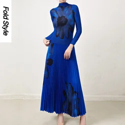 Miyake Pleated Flower Temperament Set for Women's New Style Printed Long Sleeve Pleated Large Swing Dress Fashion Two Piece Set