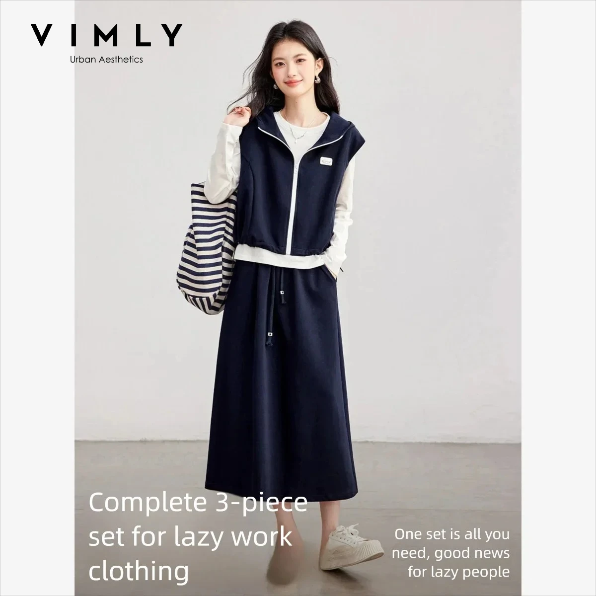 VIMLY Women's 3 Piece Set Casual White Long Sleeve T-shirt Navy Vest Midi Skirt Fashion Daily Office Wear Matching Outfit 31386