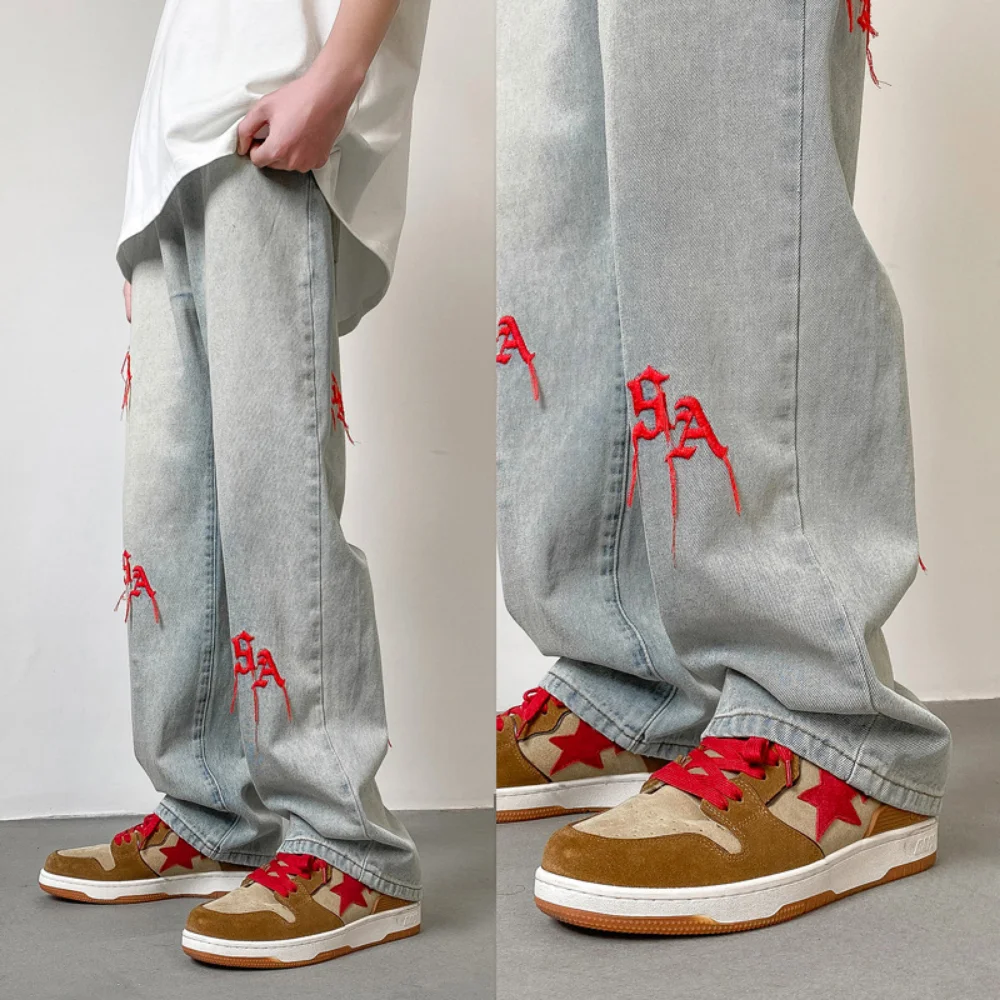 New Spring 2023 Men Baggy Straight Jeans Hip Hop Streetwear Y2K Vintage Fashion Trousers Embroidery Scratch Wide-leg Denim Pants
