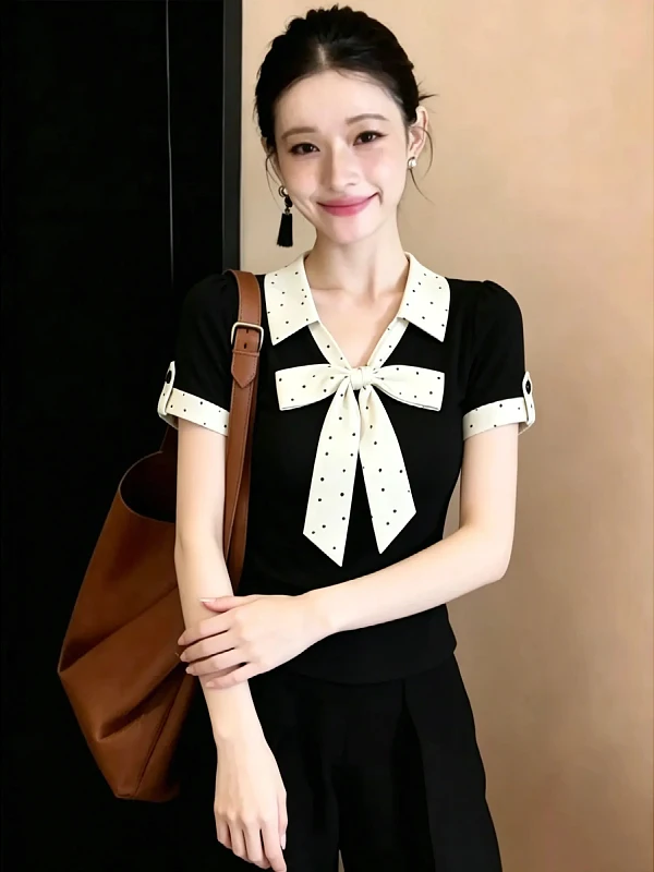 Sweet Girl Polka Dot  Knot Splice T Shirt Women's Summer New Style Atmosphere Youth Collar Long Sleeve Casual Top