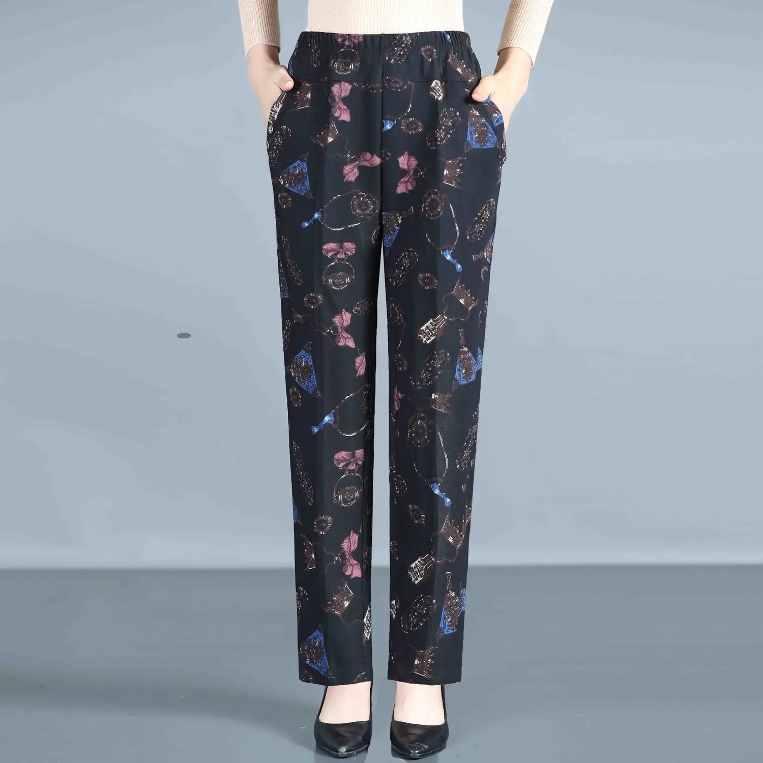 2024 Spring Middle-aged And Elderly Women's Trousers Elegant Elastic High Waist Casual Floral Printed Straight Pants 4XL