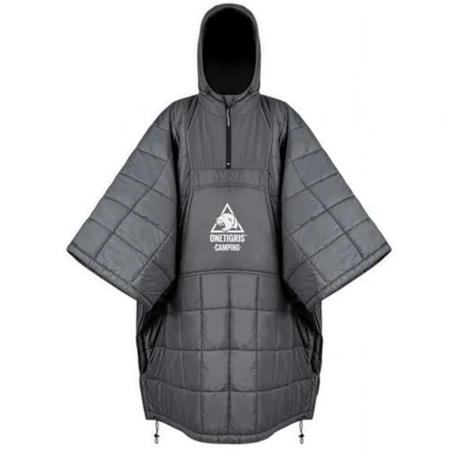 

Camping Blanket Poncho for outdoor, hiking, stadium use; recycled synthetic insulation; gray; ultralight, water-resistant, warm