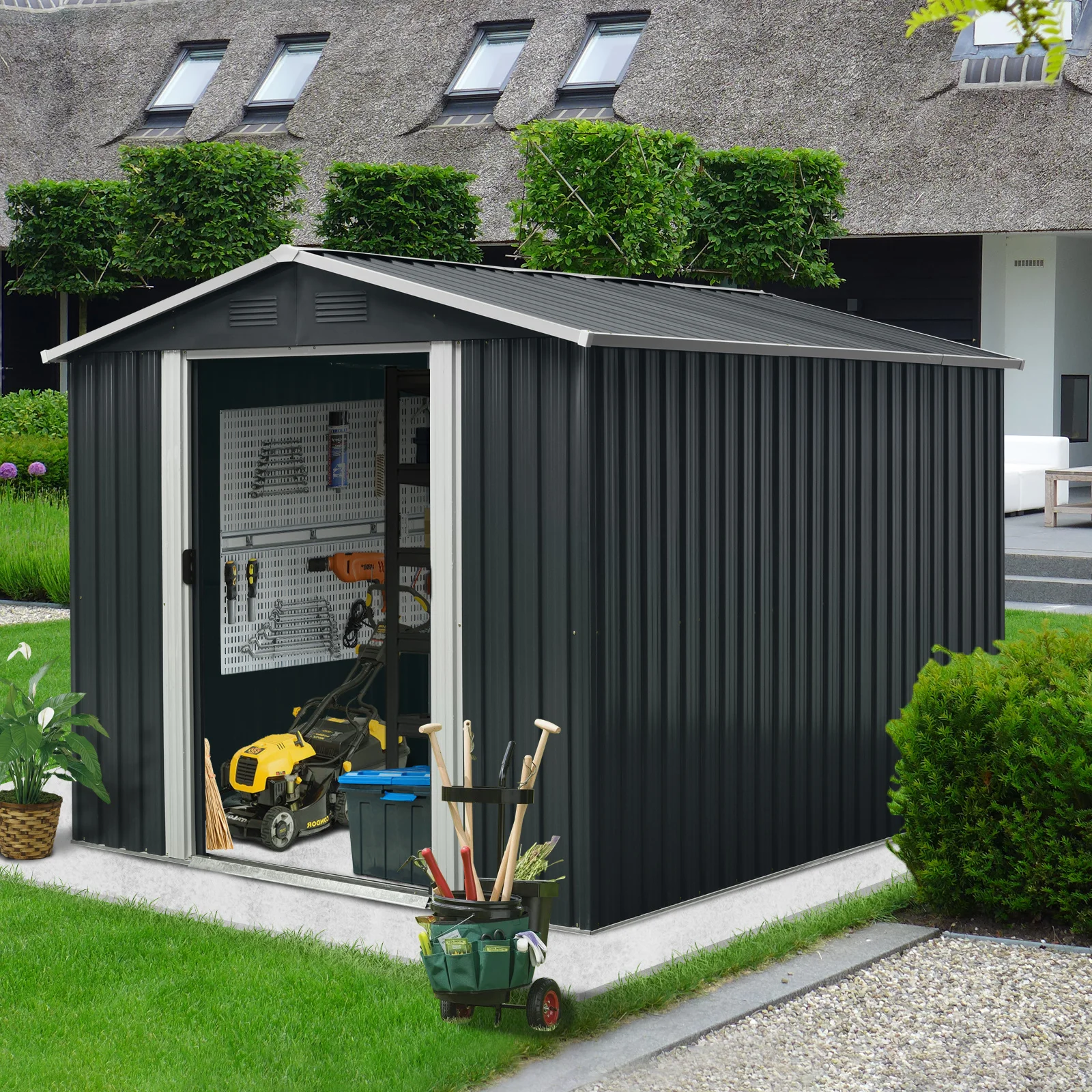 

8ft x 10ft Outdoor Metal Storage Black Shed with Floor Base