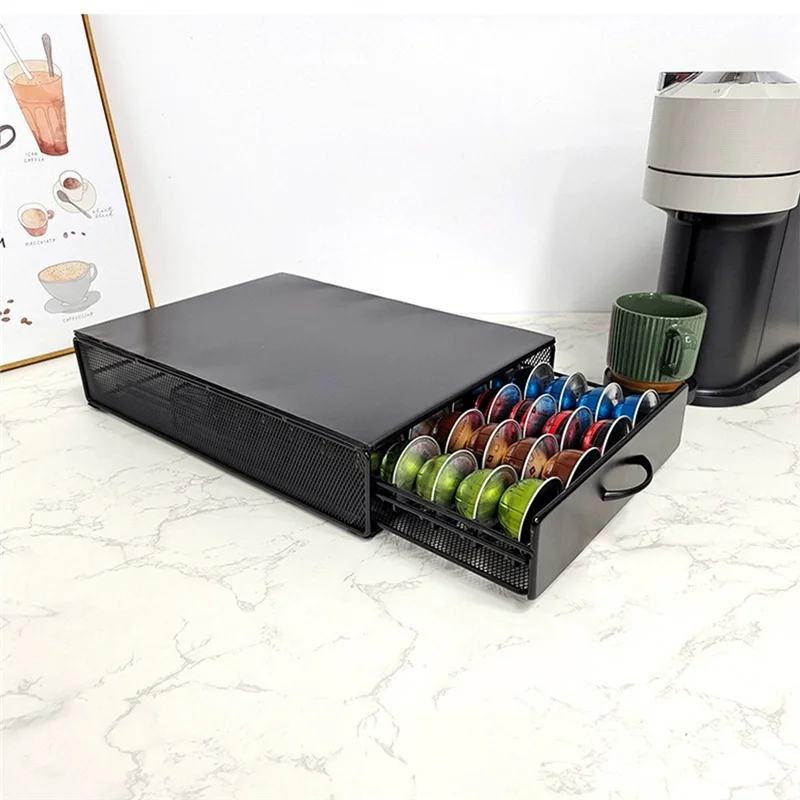 

【HOT-SALE】For Nespresso Pod Holder For Vertuoline Capsule Organizer Coffee Pod Holder Storage Drawer Black Metal 40 Pods