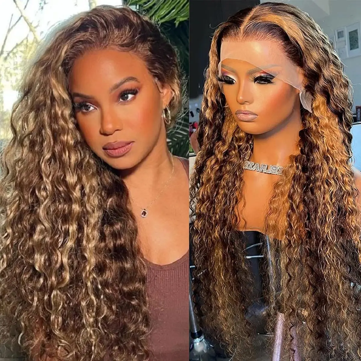 220 Density P427 Honey Blonde 360 Full Lace Wig Highlight Curly Human Hair Pre-Plucked Deep Wave 360 Lace Wig Invisible Drawstring Strap Lace Frontal Wig 34 Inch view 3