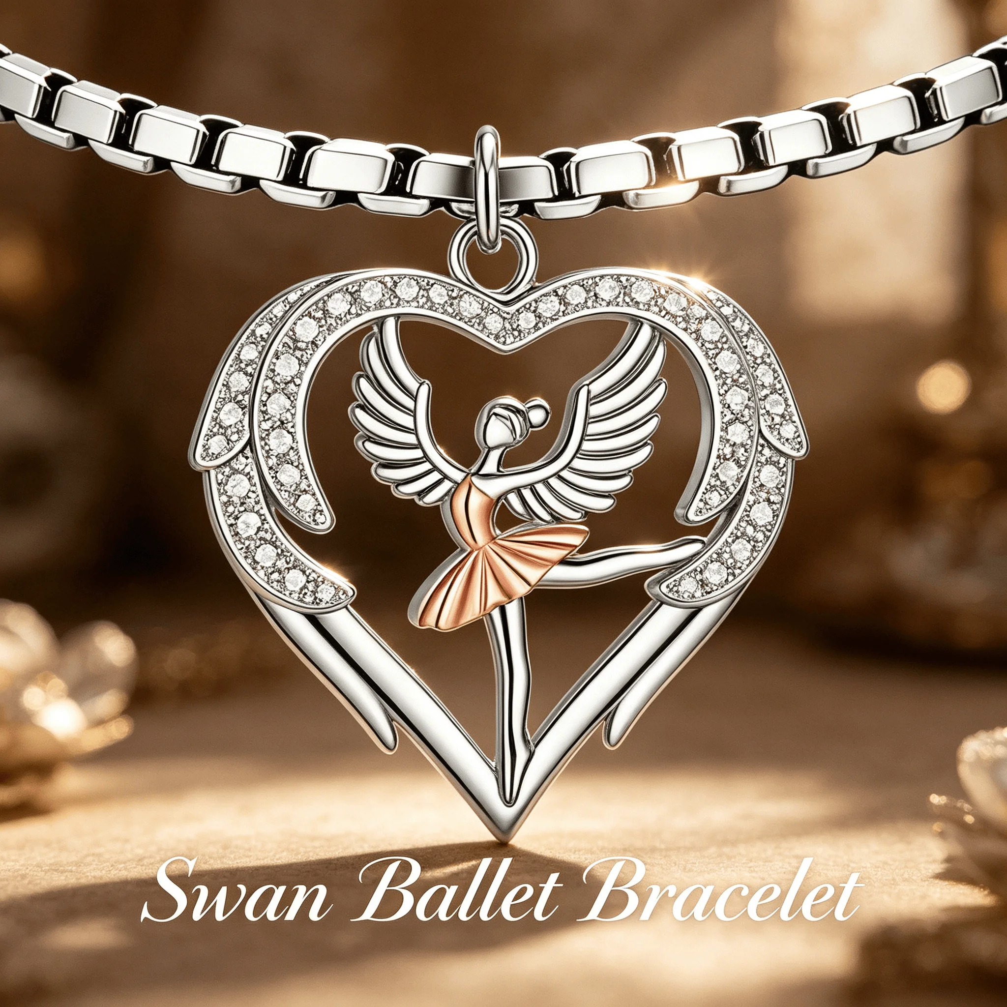 Swan Ballet Heart Adjustable Bracelet Two Tone Silver Rose Gold CZ Inlay Dancer Lover Elegant Women Casual Daily Jewelry Gift