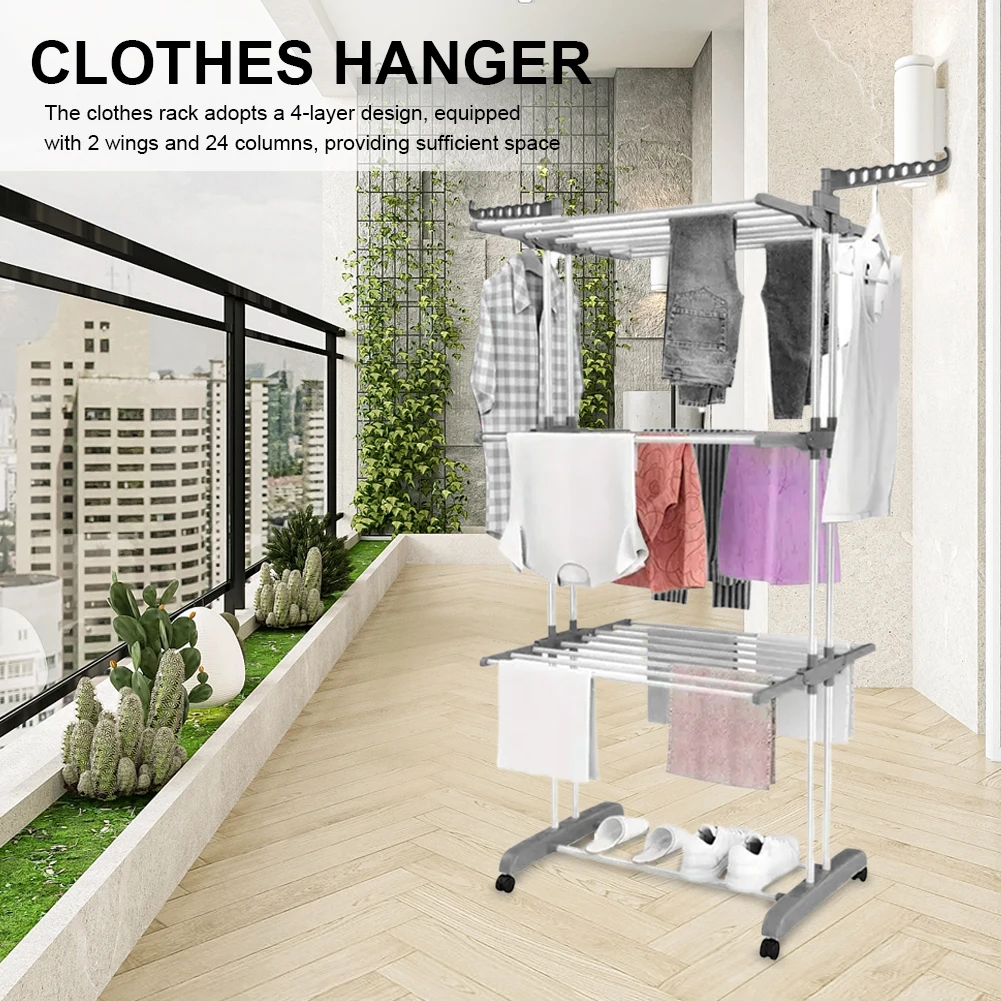

4-Tier Folding Drying Rack Rolling Clothes Horses Dryer Rack W/ 4 Drying Poles and Two Side Wings for Towels Clothes Shoes Linen