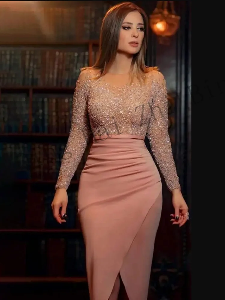 21 Pink Fashion O-Neck Natural Long Sleeves Mermaid/Trumpet Ankle-Length Evening Dresses/Women Prom Gowns Sequins Free Shipping