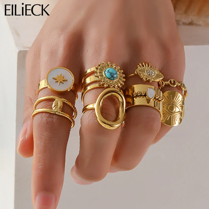 EILIECK 316L Stainless Steel Vintage Gold Color Cuff Rings For Women Girl Elegant Fashion New Non-fading Jewelry Lady Gift Party