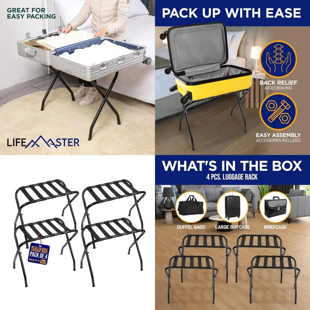 Set portavaligie compatto in acciaio da 4 pezzi con design pieghevole e cinturini in nylon - Nero salvaspazio