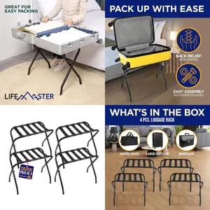 Compact 4-Piece Steel Suitcase Rack Set with Foldable Design and Nylon Straps - Space-Efficient Black
