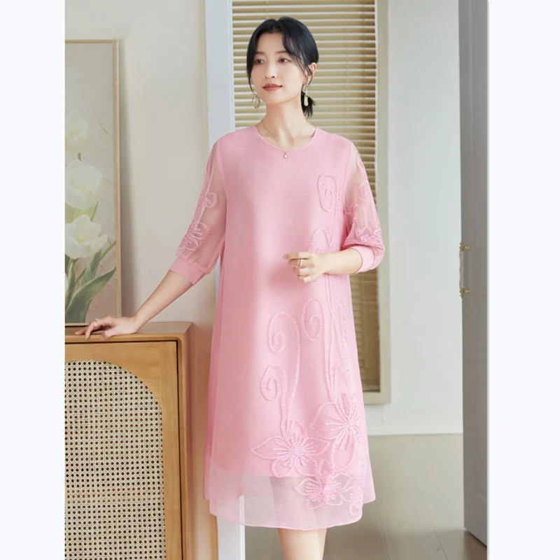 원피스 여성용 비즈 자수 라운드 넥, 3/4 소매, 느슨한 스트레치, 미야케 플리츠 레드 핑크, 가을 패션