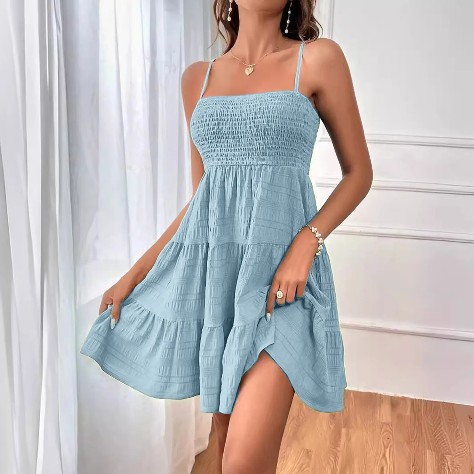 

Short Dress Solid Color Ruffle Hem Mini Dress Sleeveless Pleated Waist Swing Summer Ladies Suspender Sexy Slim Strap Dresses