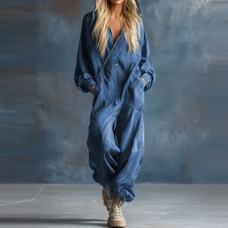 

Elegant Single-breasted Cowboy Jumpsuit Autumn Casual Long Sleeve Solid Color Hooded Romper Fashion Street Loose Long Playsuits