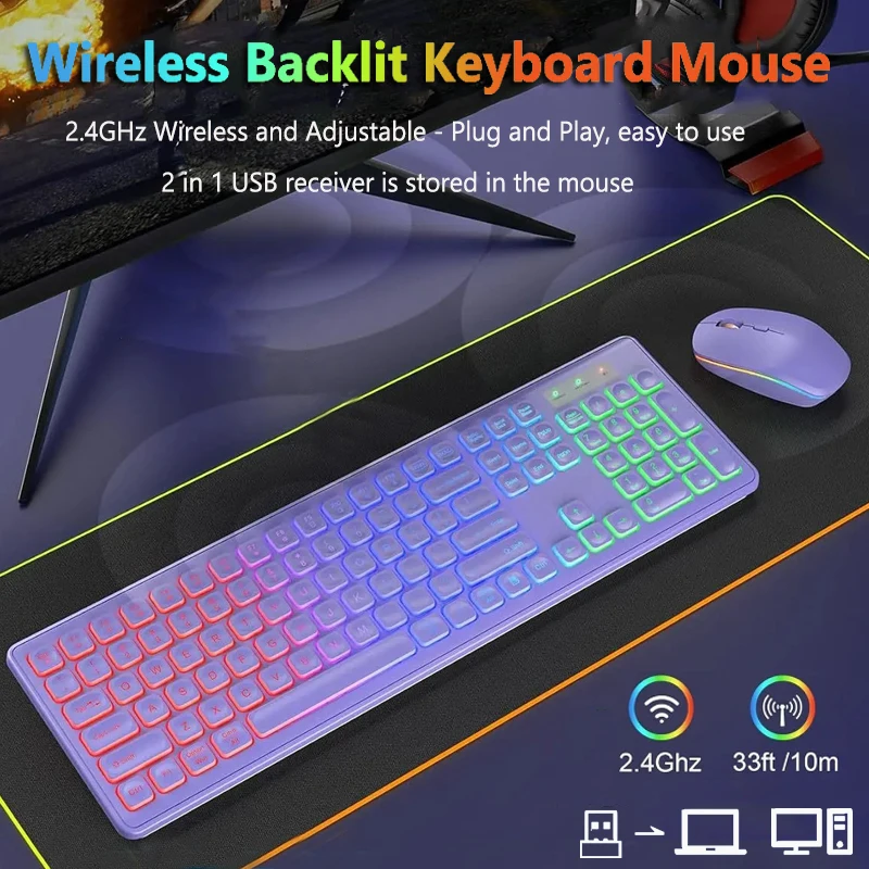 Wireless Keyboard and Mouse Combo RGB Backlit Rechargeable Wireless Keyboard Set 2.4G Full-Size Ergonomic Keypad for Home Office