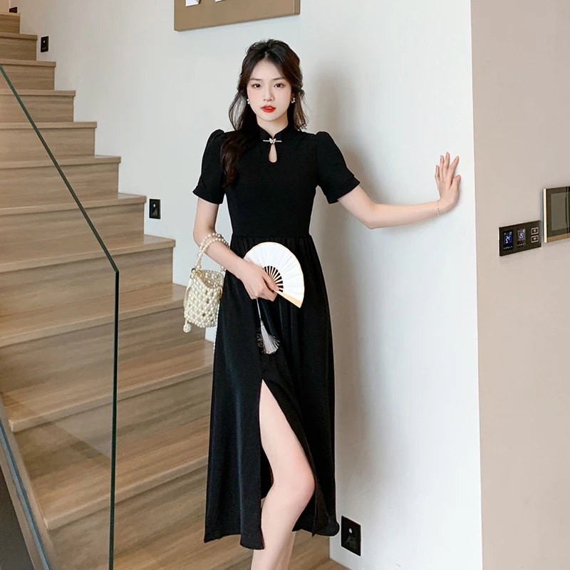 

Coigarsam Women Long Dress 2024 New Cheongsam Vintage Solid Chiffon Short Sleeve High Waist Black Dresses