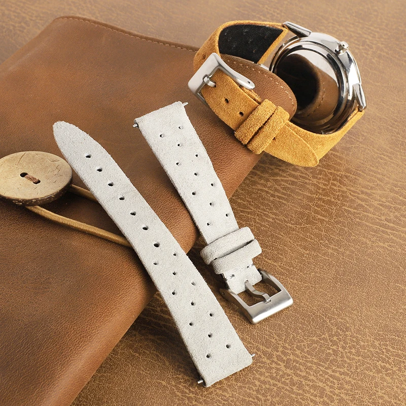 New Short Soft Suede Leather Watch Band 19mm Gray Brown Watch Strap Handmade Stitching Breathable Hole Bracelet for Men Watch