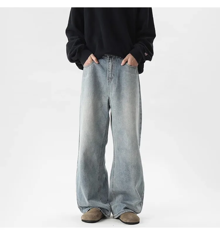 Men Light Blue Black Solid Color Loose Simple Basic Daily Casual Trendy Jeans Pants Four Seasons Fashion Male Bottom Clothes