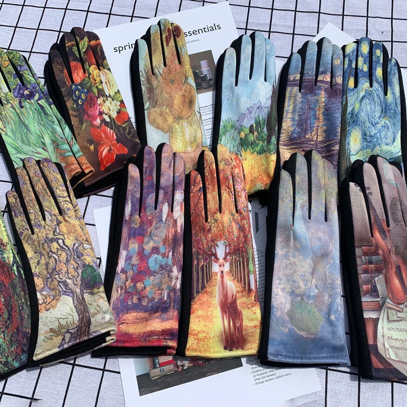 Women Fashion Touch Screen Gloves Retro Oil Painting Floral Evening Dress Party Winter Thickened Warm Fleece Driving Mittens
