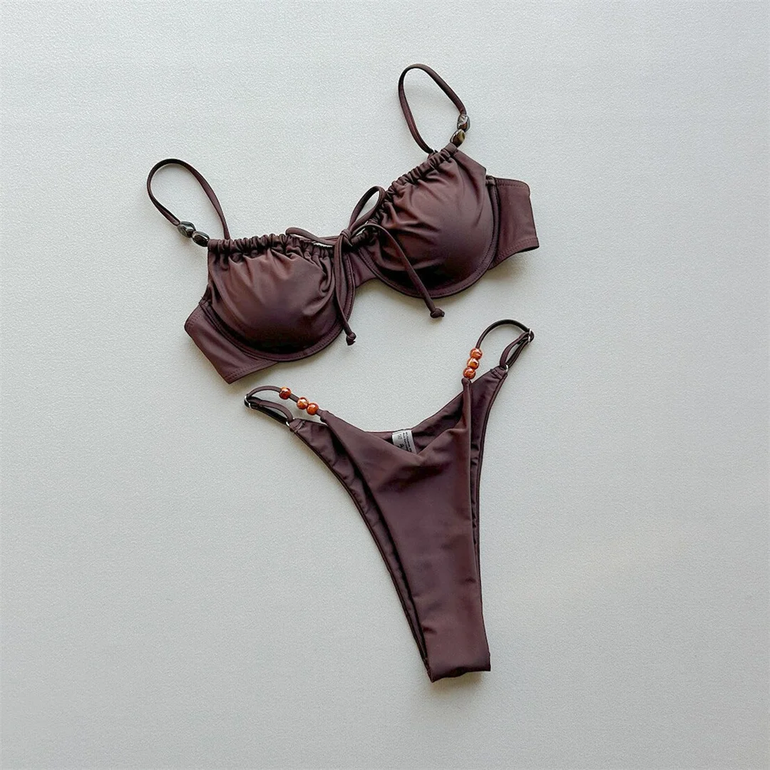 2026 Bügelfreier, geraffter Bikini, Damen-Badeanzug, zweiteiliger Bikini-Set, hoch geschnittene Beine, Badebekleidung, Badeanzug, Schwimmbikini V7931 – Detail 12