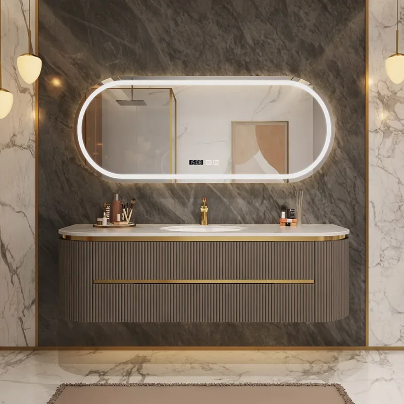 Curved ribbed wall-mounted bathroom vanity with light suitable for families