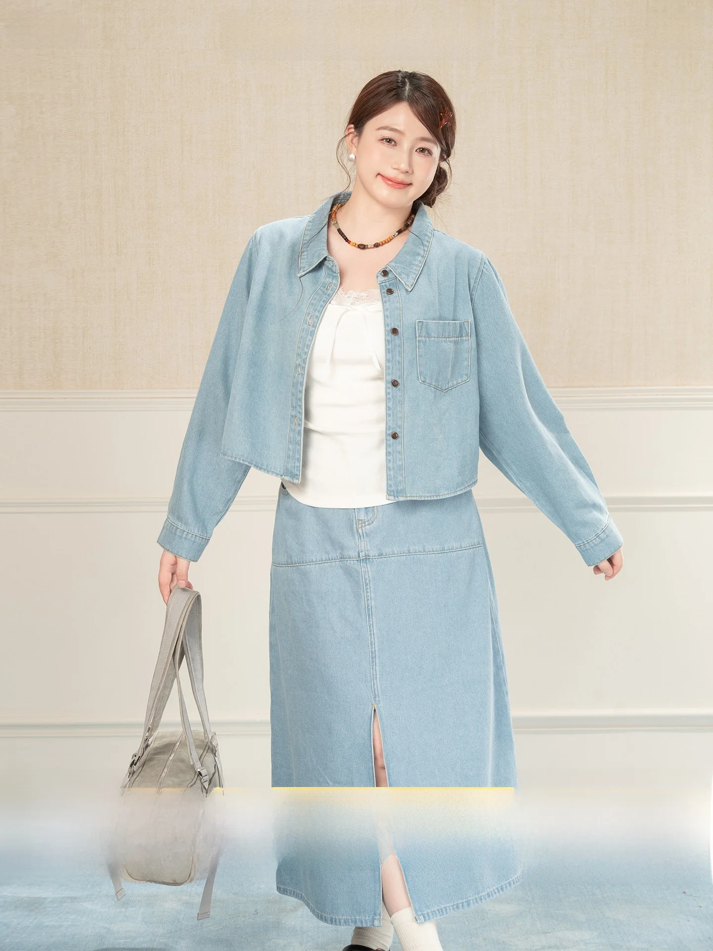 

Heynew Casual Denim Skirt Set plus Size Women Spring Unyang Style Long Sleeve Casual Fat but Not Obese Two Piece Set