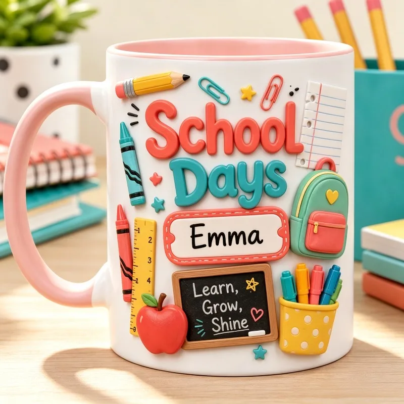 Personalized Back To School Theme Mug 2D Print Ruler Crayon Apple Design Custom Name Ceramic Coffee Cup Student Gift