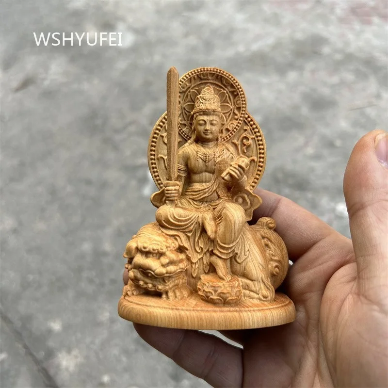 Wooden Manjushri Wenshu Bodhisattva Statue Carved Buddha Figurine with Lion Chinese Buddhist Home Desktop Worship Decor Gift