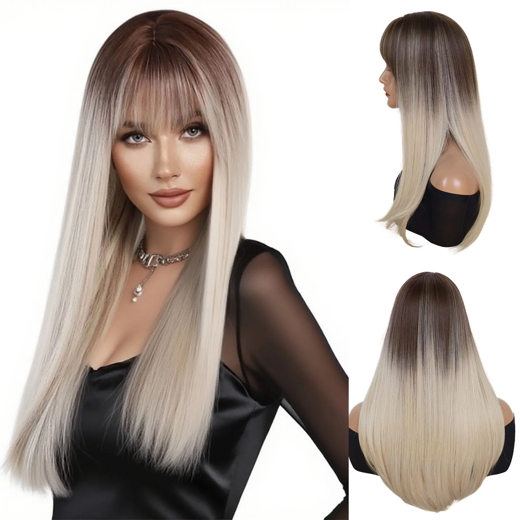 

Synthetic 28 Inch Long Straight Wigs for Women Ombre Brown to Blonde Wig with Bangs Natural Looking Daily Costume Drag Queen Wig