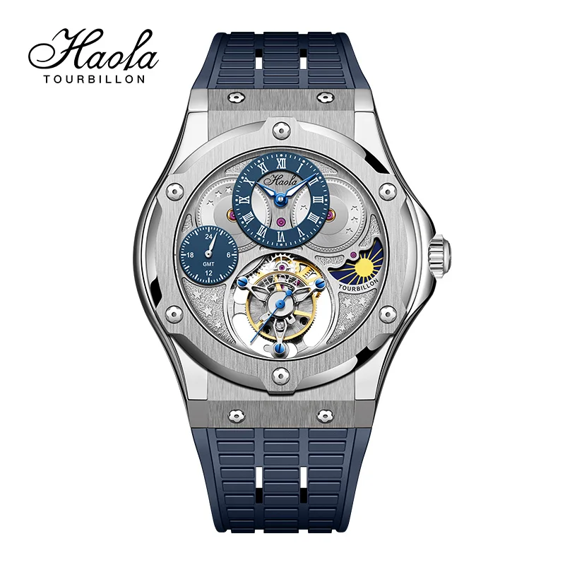 Haofa GMT Flying Tourbillon Men Watch Sapphire Manual Tourbillon Mechanical Movement Day And Night Watch for Men Waterproof 1919