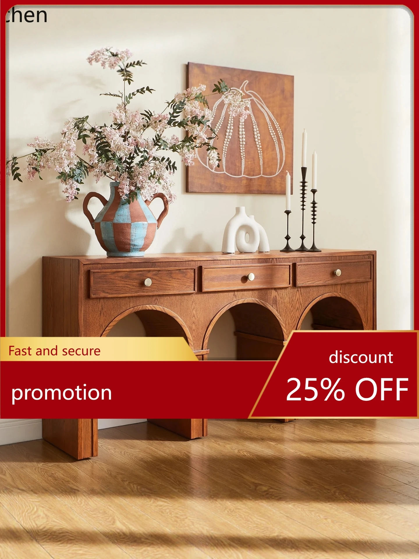 

HT Retro Arched Entryway Table Solid Wood Wall-Mounted Storage Table Living Room Corridor Decorative Table Foyer