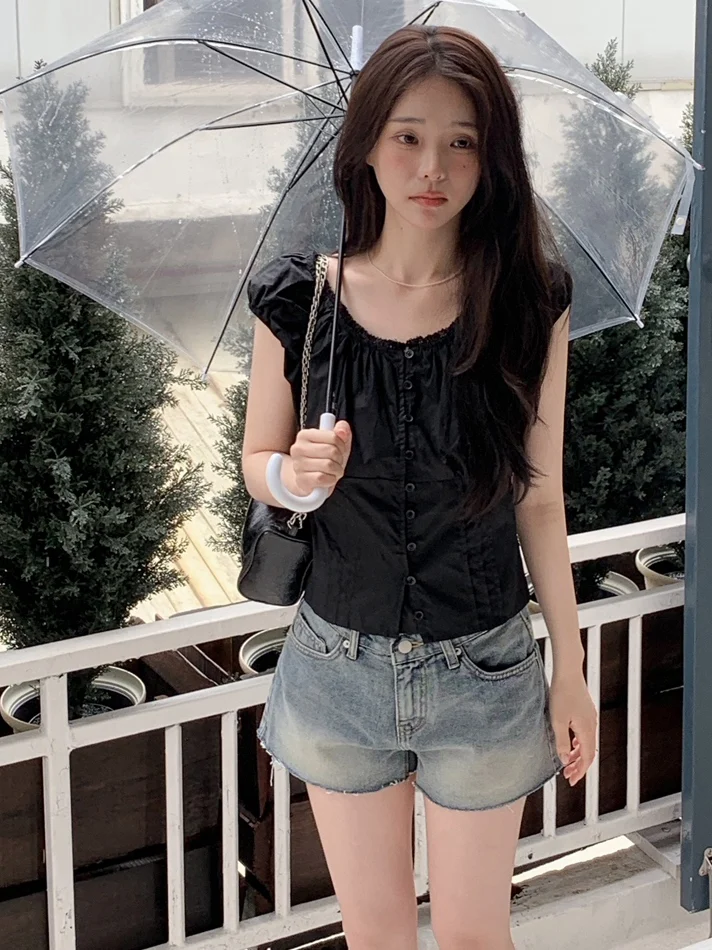 달콤한 스타일 레이스 트림 싱글 버튼 여성 셔츠 반팔 귀여운 탑 여름 패션 여성 프리미엄 품질 패셔너블 블라우스