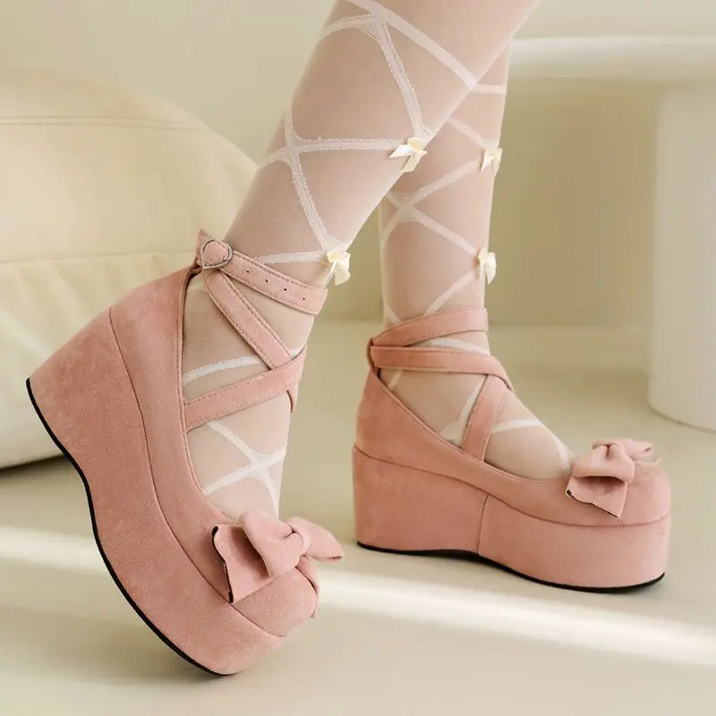 REAVE CAT Lolita Girls Sweet Pumps Round Toe Wedges 8.5cm Platform Bowknot Shoes Strap Size 44 45 Bowknot Daily Shoes