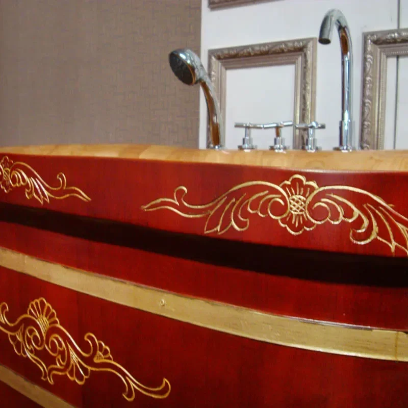 Carved Oak Wooden Bathtub with Feet Solid Wood Adult Bath Tub Household Barrel Spa Soaking Tub for Home Bathroom Use