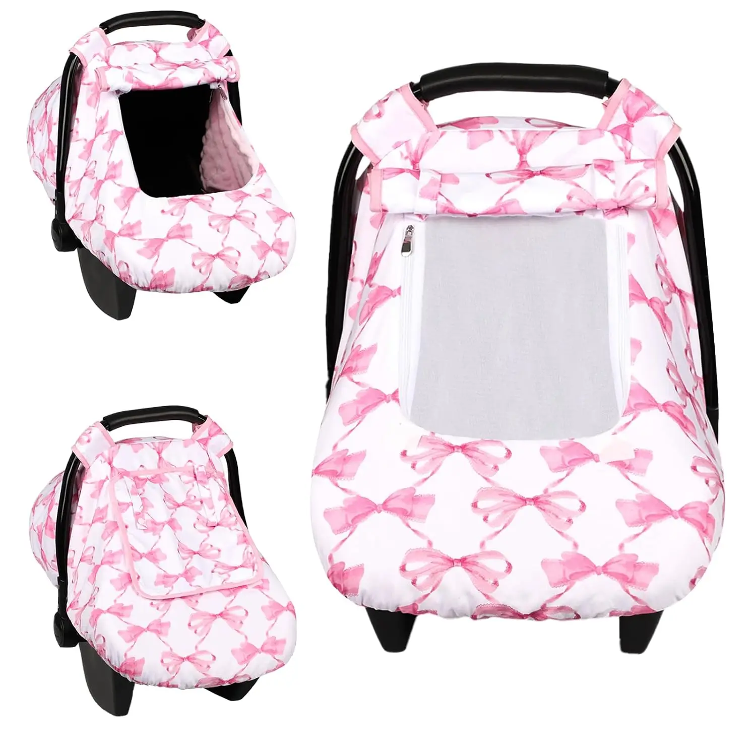 Infant Car Seat Canopy Windproof Sun Protection Cover With Breathable Mesh Window Minky Dot Lining Universal Stroller Shade For Road Trip Camping Outdoor Travel Newborn Baby Girl Boy Pink With Bow