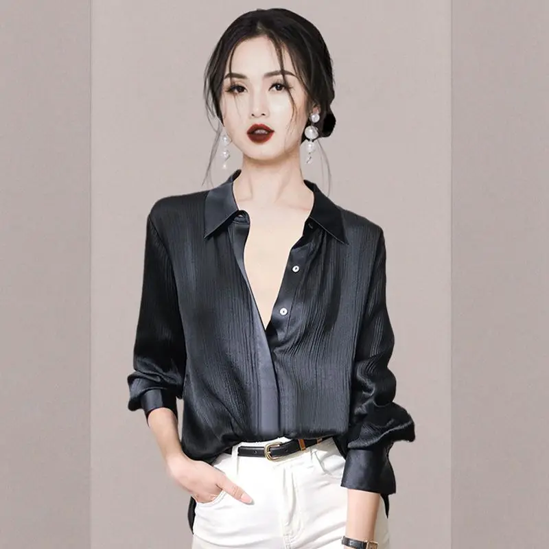 Black Temperament Loose Blouse Spring Autumn New Long Sleeve Solid All-match Vintage Shirt Tops Casual Fashion Women Clothing