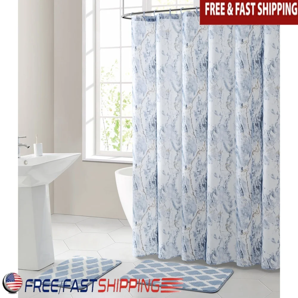 

15-Piece Bathroom Shower Curtain Set Includes Rug Hooks Durable Microfiber Machine Washable Waterproof Bath Decor Refresh Your