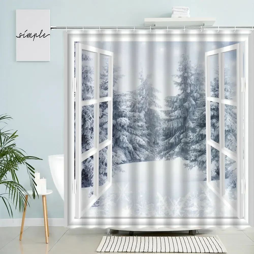 Winter Window View Shower Curtain Forest Trees Snow Natural Scenery New Year Merry Christmas Bathroom Decor With Hooks Screen