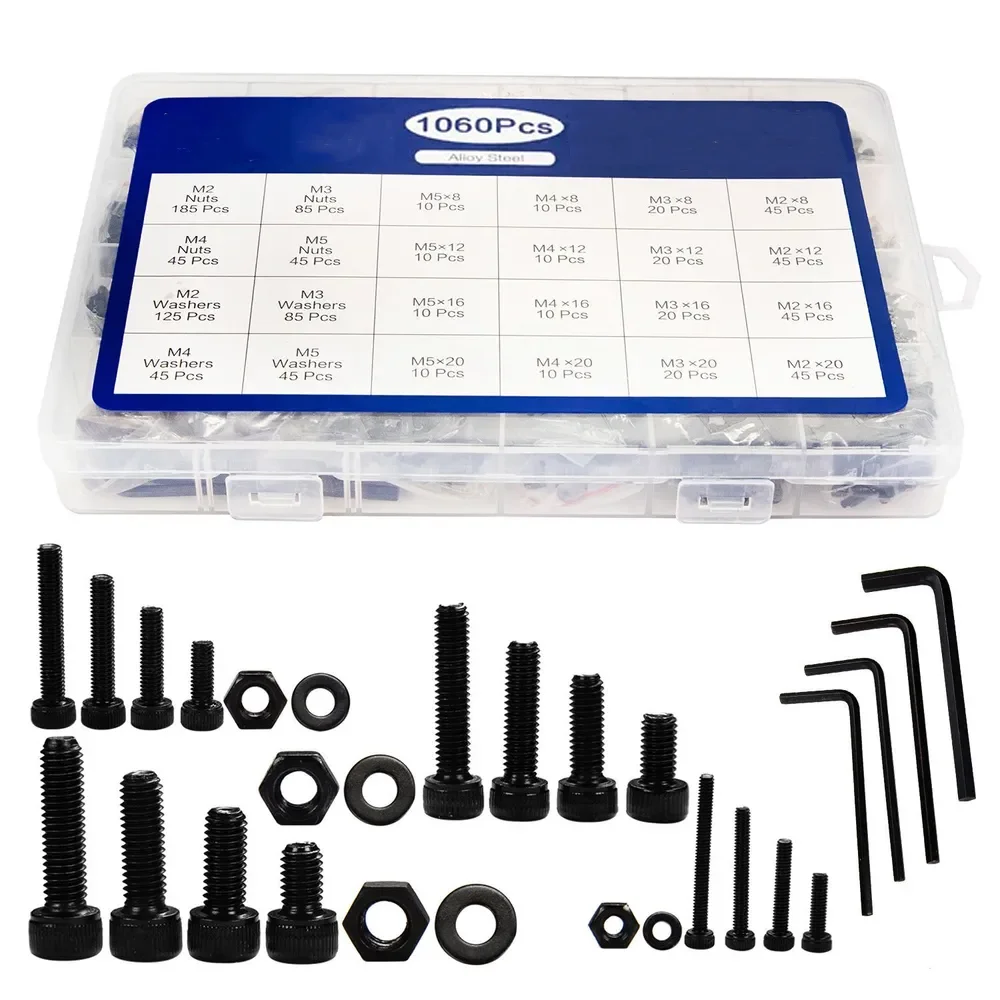 1060pcs Black Carbon Steel Screws Kit Cylindrical Head Hexagon Socket Bolts M2/M3/M4/M5 Bolts Nuts Flat Washers and Wrenches
