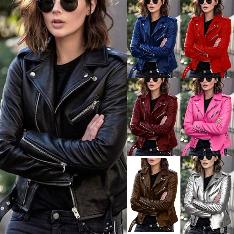 Womens PU Leather Slim Fit Moto Jacket Spring Autumn