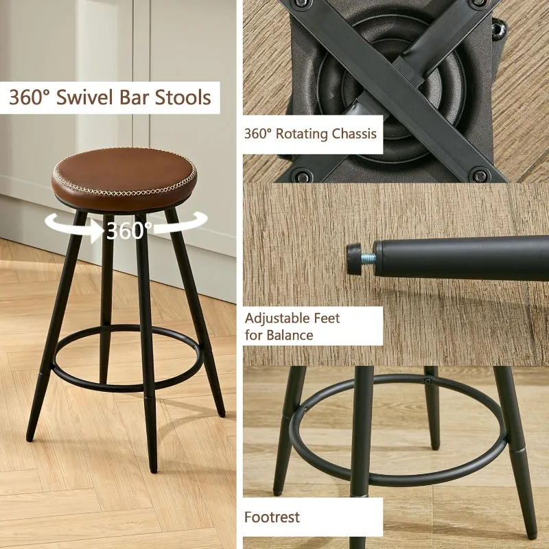 Bar Stools Set of 2, Swivel Backless 24" Counter Height Bar Stools for Kitchen Island, Faux Leather Counter Stools