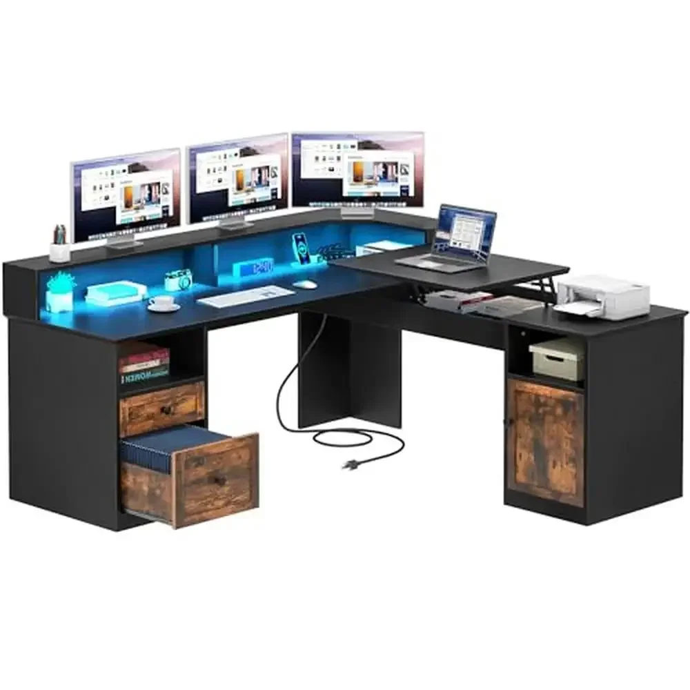 

Corner Computer Desk with USB Outlets LED Lights Drawers Lift Top Monitor Stand Storage 60" Home Office Desk