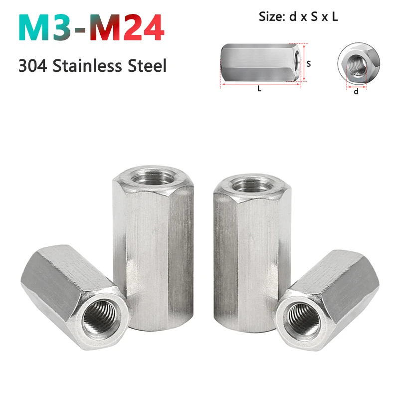 

304 Stainless Steel Lengthen Hexagon Coupling Nut M3 M4 M5 M6 M8 M10 M12 M14 M16 M18 M20 M22 M24 Connector Joint Sleeve Nut