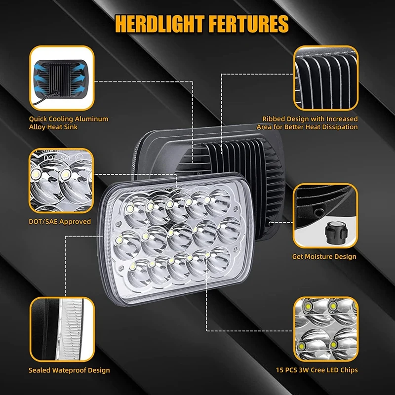 2Pcs 5X7 7X6 Inch Car LED Headlight LED Headlight Car High And Low Beam For Jeep Wrangler 87-95 84-01 Cherokee XJ GMC