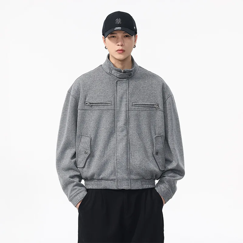 

Men Autumn Winter Stand Collar Vintage Fashion Loose Casual Woolen Short Bomber Cargo Jacket Cityboy Streetwear Coat Outerwear