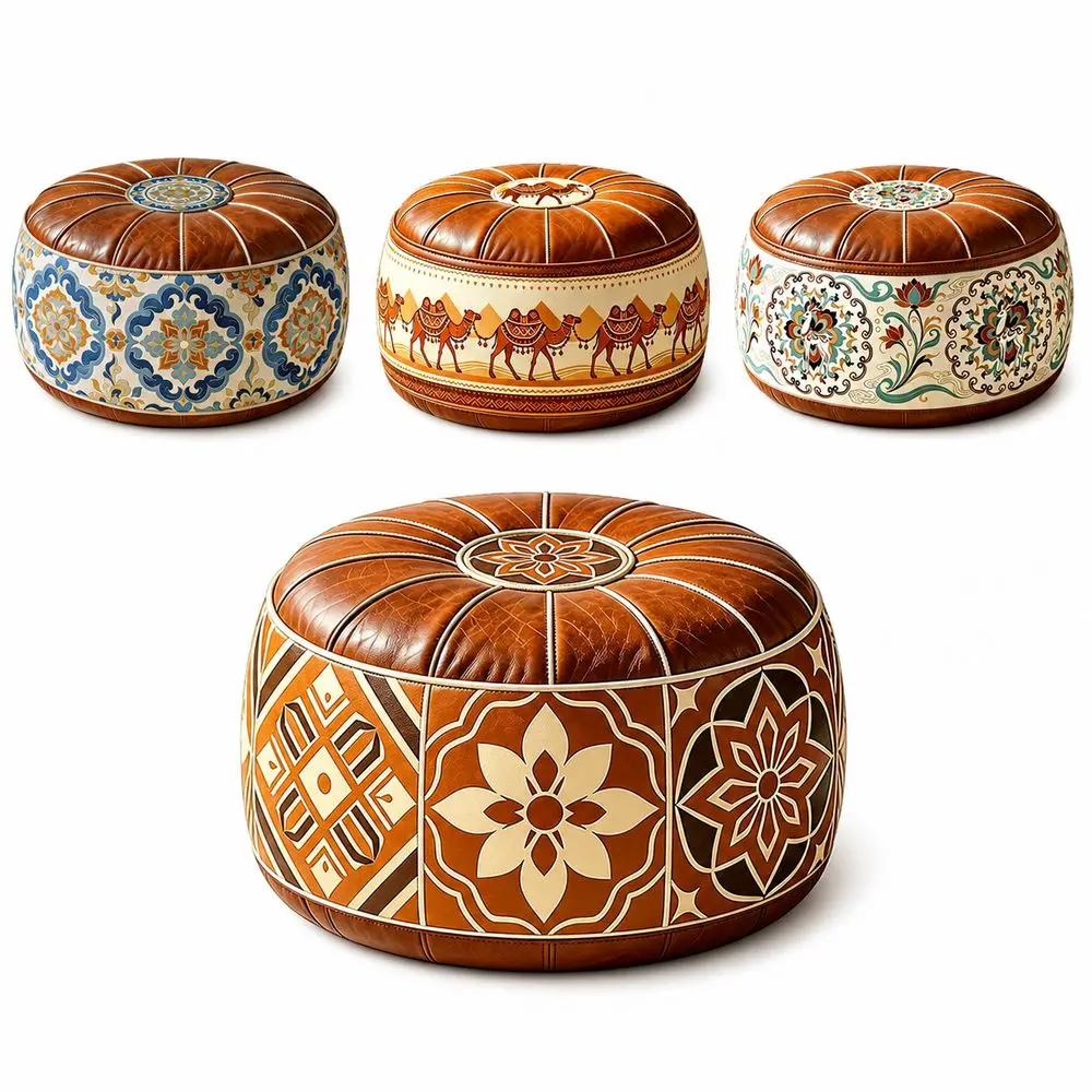 Boho Pattern Ottoman Pouf Fillable Design PU Leather Footstool Cover Large Opening Water Resistant Storage Ottoman Living Room