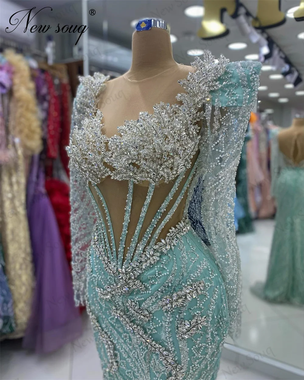 Vestidos famosos com miçangas e cristais, vestidos elegantes para festa de casamento, árabe e Dubai, vestidos de noite para ocasiões formais, mangas compridas