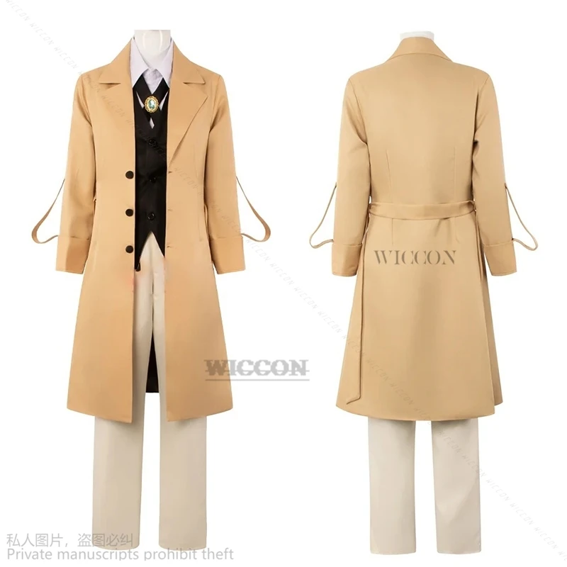 Anime Dazai Osamu Cosplay BSD Costume Man And Woman Khaki Trench Coat Uniform Suits Unisex Black Wig Roleplaying Cos Halloween